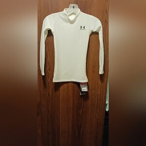 ****Under Armour White Long Sleeve Heat Gear Pullover Youth YSM - New